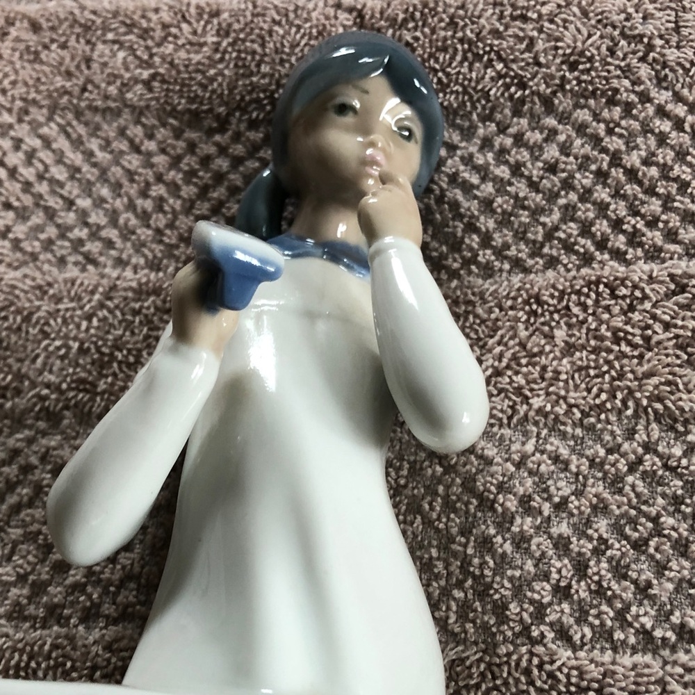 White Porcelain Girl Figurine with Blue Accents - Decorative Home Accent